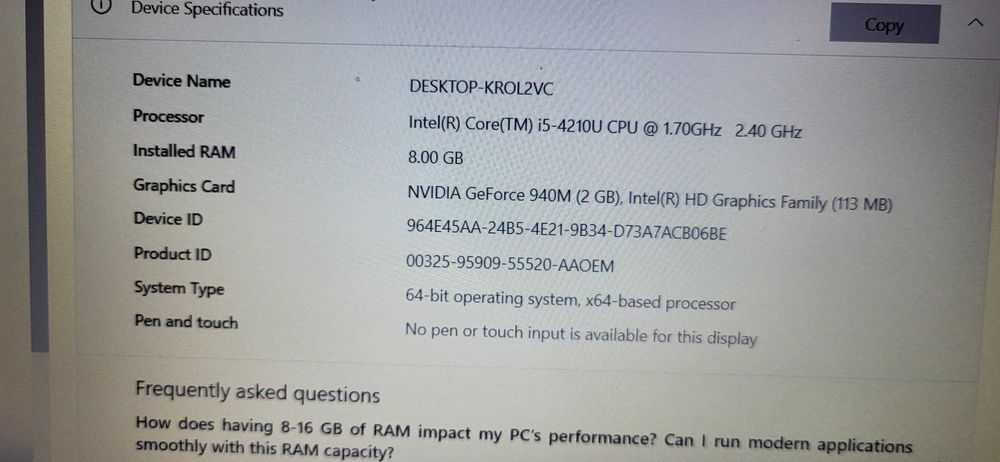 Acer Intel Core i5-4210U cpu 1.70GHz 2.40GHz 8Gb GeForce 940M de 2Gb