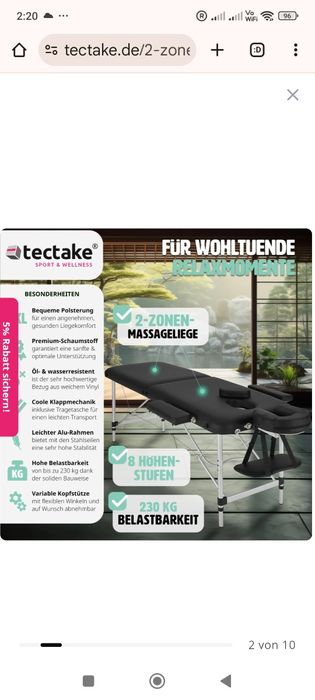 Masa de masaj cu 2 zone
cu cadru din aluminiu, pliabil și reglabil pe