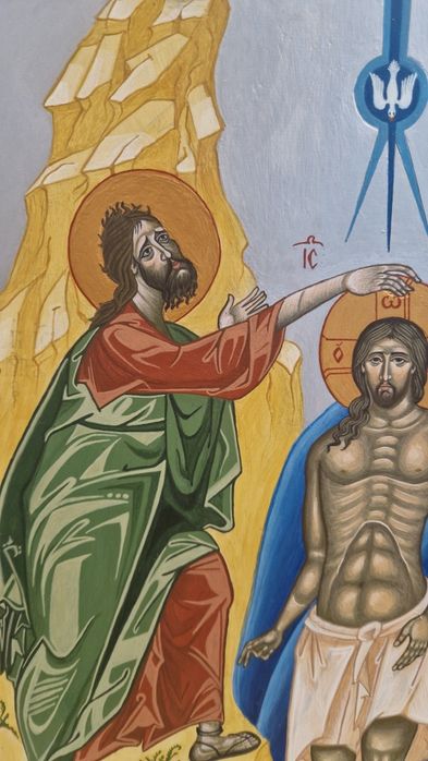 Icoana cu scena Botezului Domnului, pictata manual pe lemn de tei