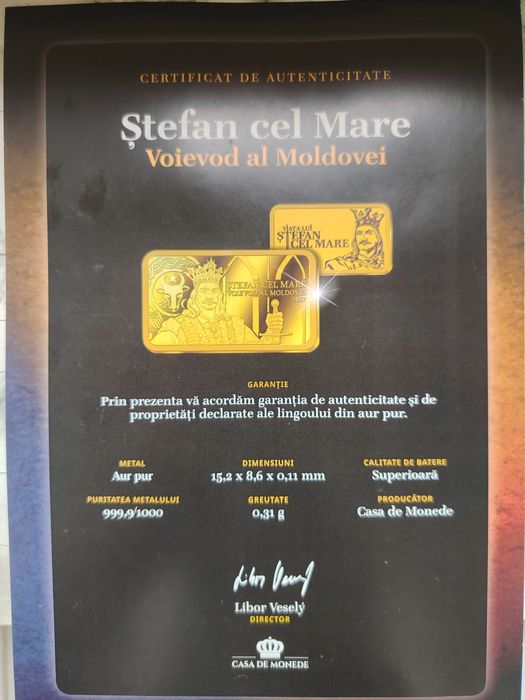 Medalion aur miniatura Stefan Cel Mare -aur pur