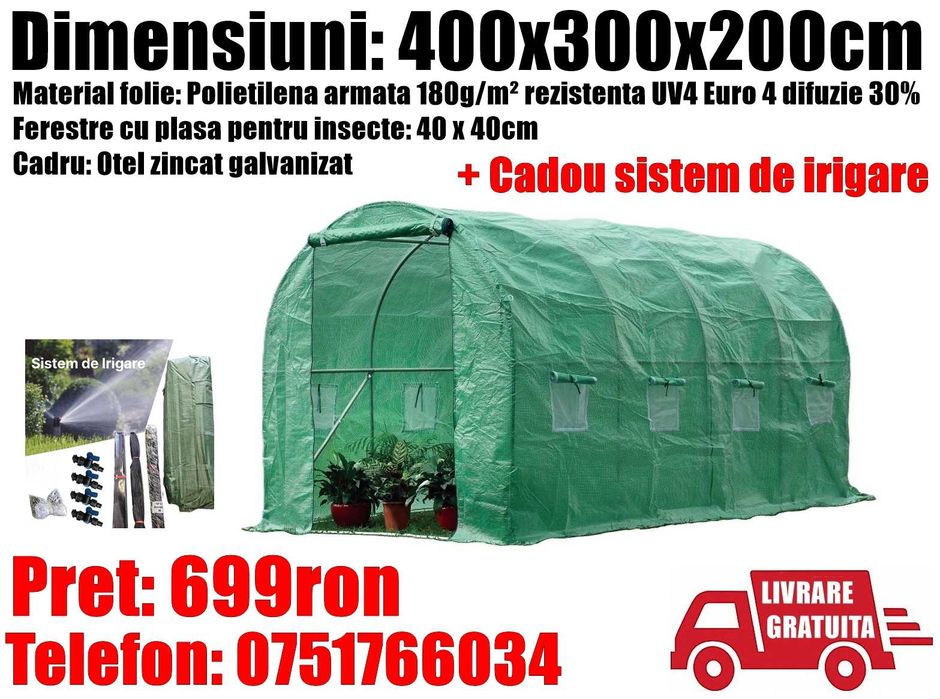 Sera Solar Tunel Otel Folie 4x3x2m + Sistem Irigare LivratGRATUIT