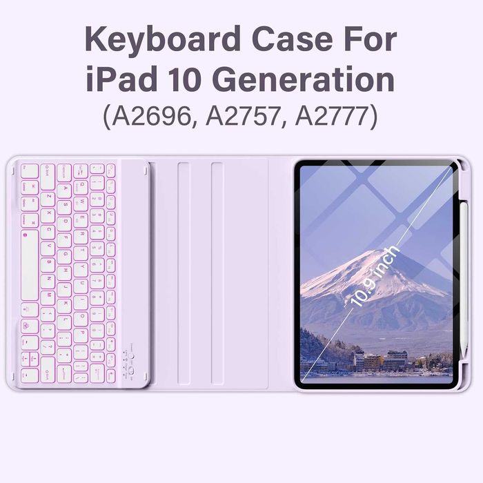 Калъф BQDIYOO с клавиатура за iPad 10 10,9 инча, 7 подсветка, лилав