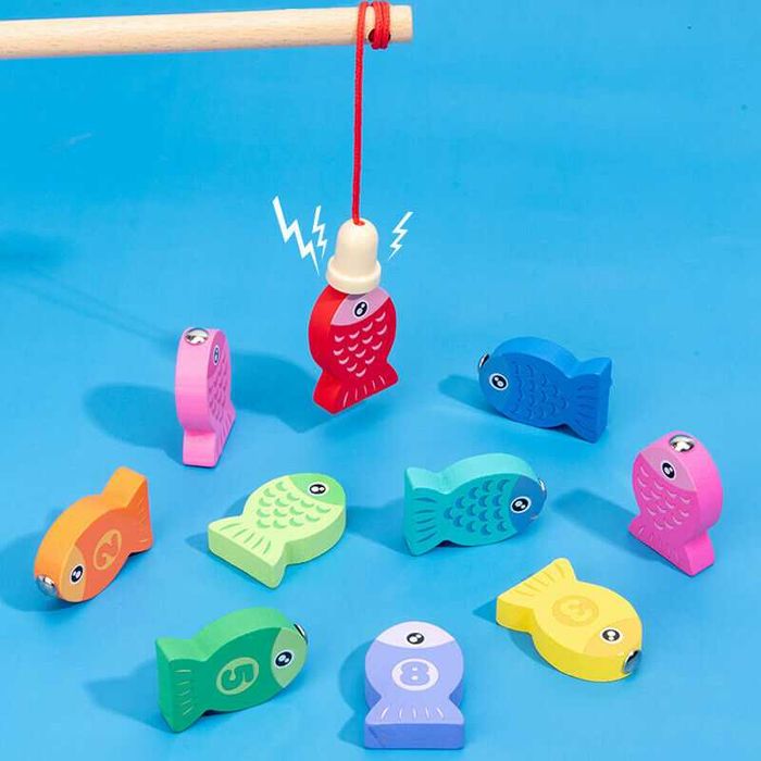 Дървена образователна игра азбука, цифри, магнитни рибки Монтесори