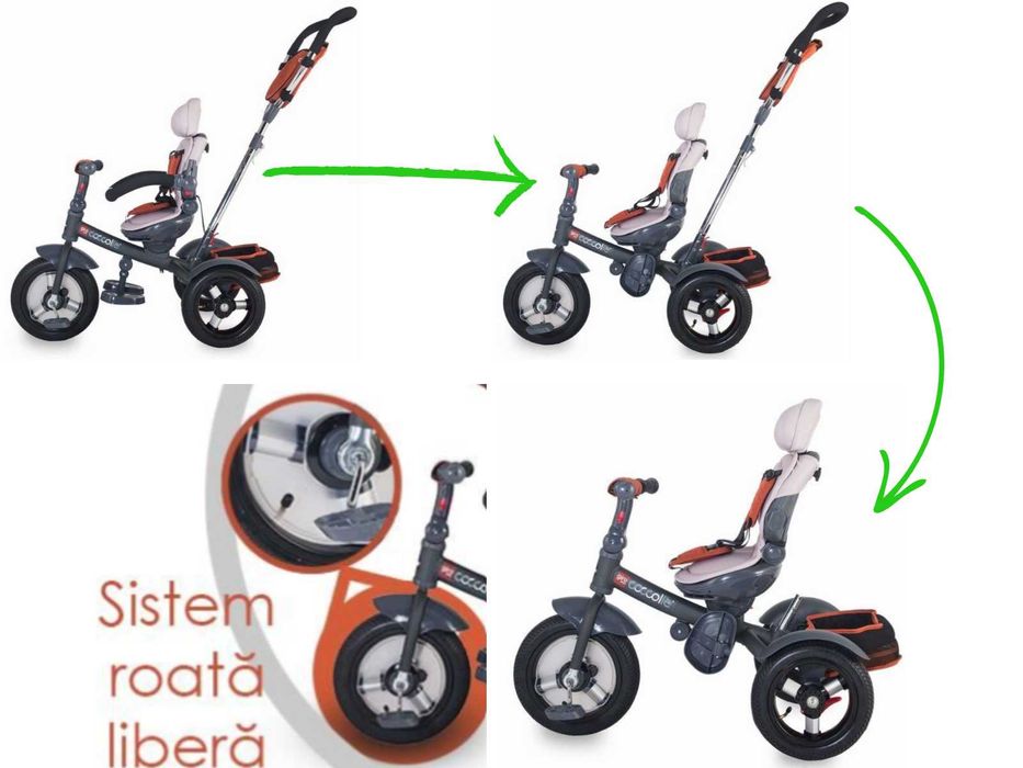 Triciclu Coccolle Giro Plus Rosu 9 luni - 5 ani, roți gonflabile