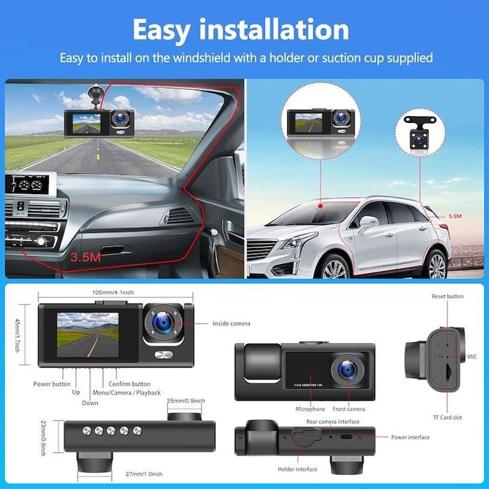 Видеорегистратор DVR тройна камера за автомобил Full HD 1080P, 2 инча