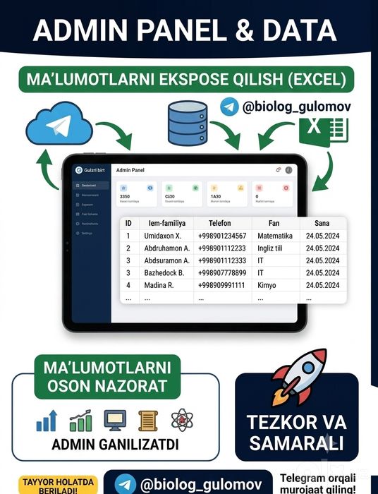 Tayyor telegram qabul bot  | 200 000 so‘m | Excel baza