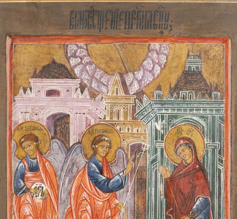 Icoană pe lemn „Buna Vestire”, școală rusească, sec. XIX