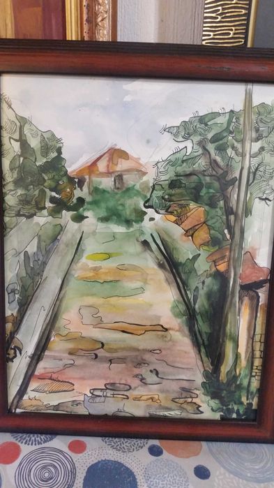 Малка къща в гората. Акварел.Рамката е професионална.