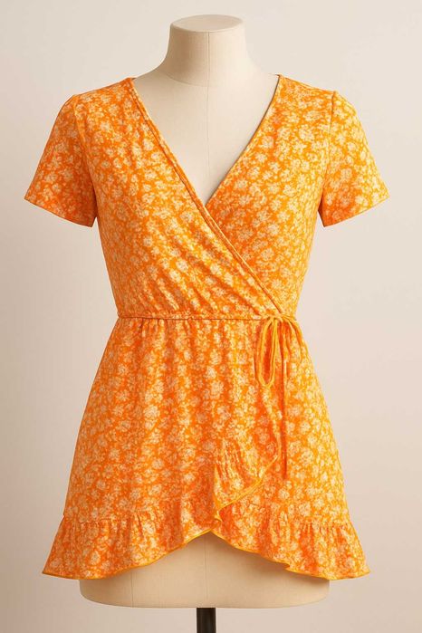 Rochie Pull&Bear portocalie wrap cu imprimeu floral, mărime 38-40/M