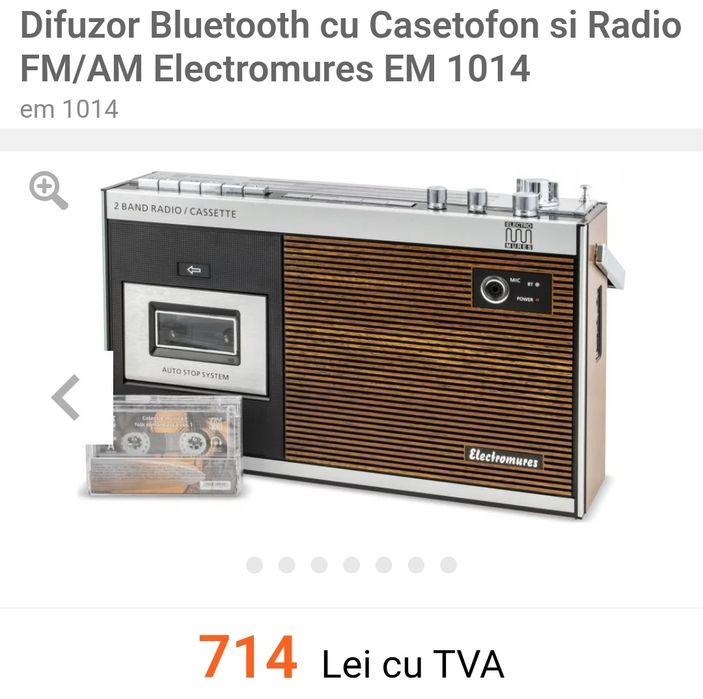 Casetofon cu Bluetooth, Radio FM/AM Electromures EM 1014, Mono, USB, AUX, Microfon