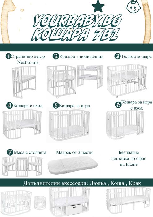 7в1 до 10 г. въздраст Кошара за Бебе, Детско Легло Смарт 7в1 с Матрак