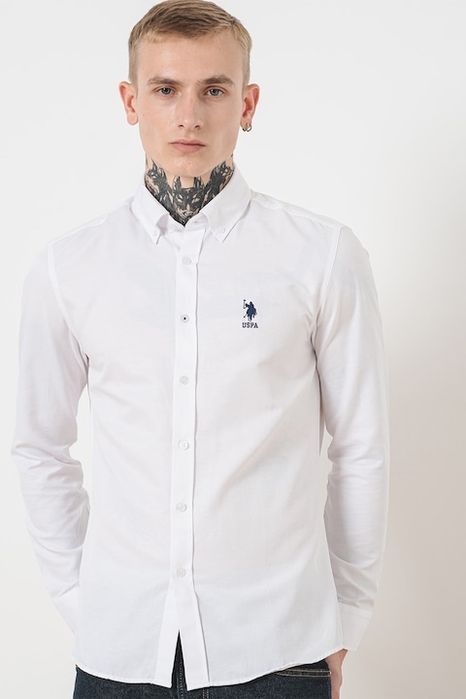 US Polo Assn. Риза от смесен памук с яка с копчета, бяла