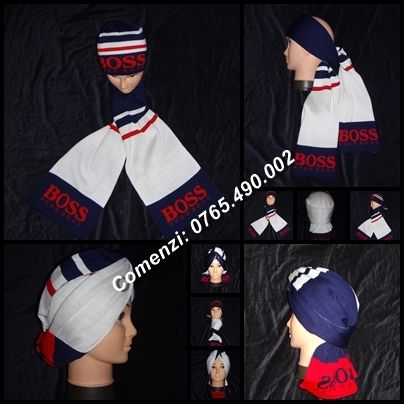 Set barbati fular fes 2 in 1 bumbac bleumarin alb rosu caciula unisex