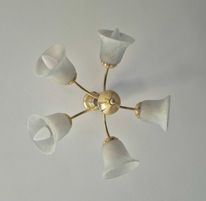 Lustră / Candelabru Clasic cu 5 Brațe (Metal Auriu și Sticlă Mată)