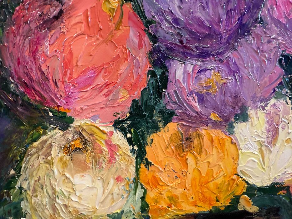 Pictura noua, tablou superb -Bujori in vas negru-ulei,pensula si cutit