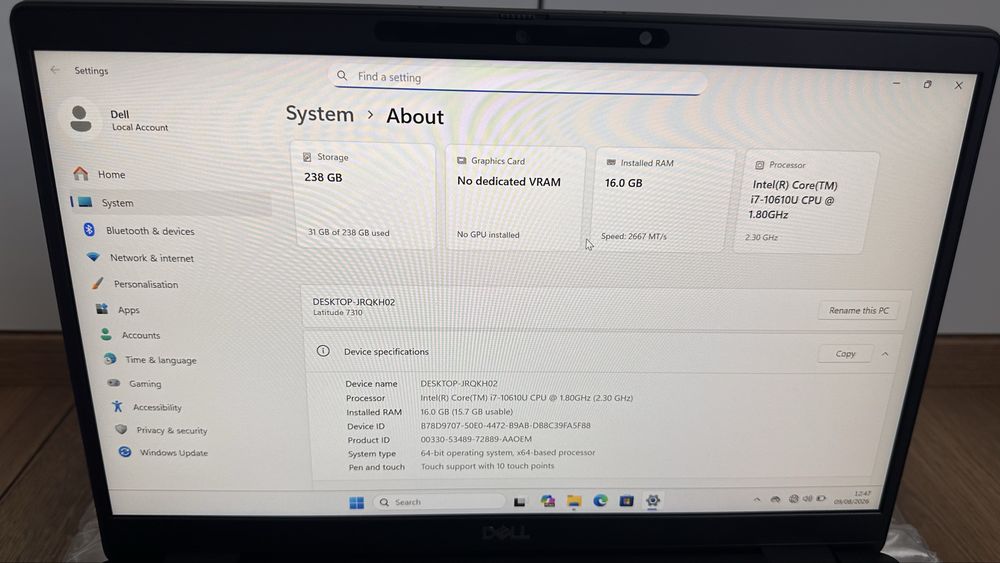 Лаптоп Dell Latudite 7310 FHD 13.3” Тъч / Intel i7- 10610U 16GB RAM 256GB SSD / MS Office 2011 Pro Plus