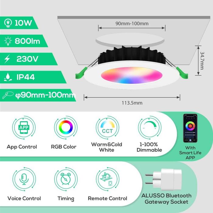 Bec Spot Plafon Led Smart RGB ALUSSO,10W reglare CCT Bluetooth Alexa