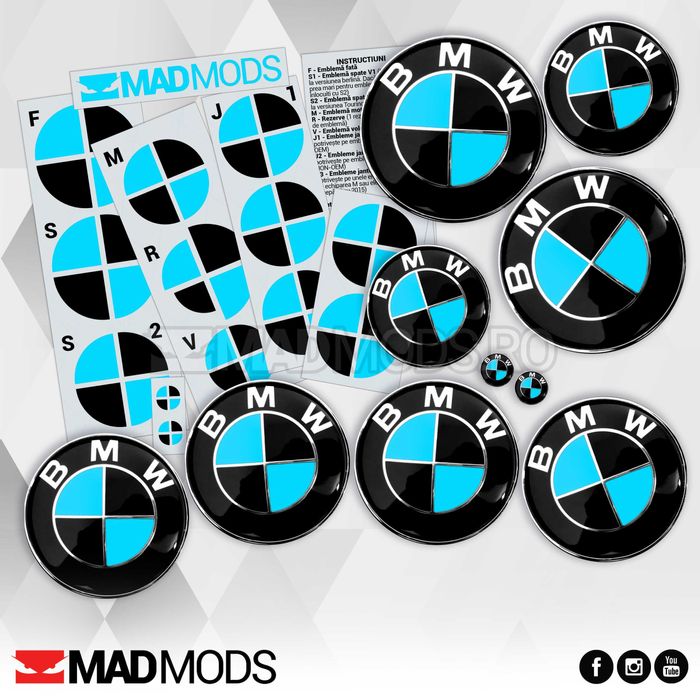 Set Stickere Embleme Negru cu Albastru BMW Seria 1 2 3 4 5 6 7 8 X i M