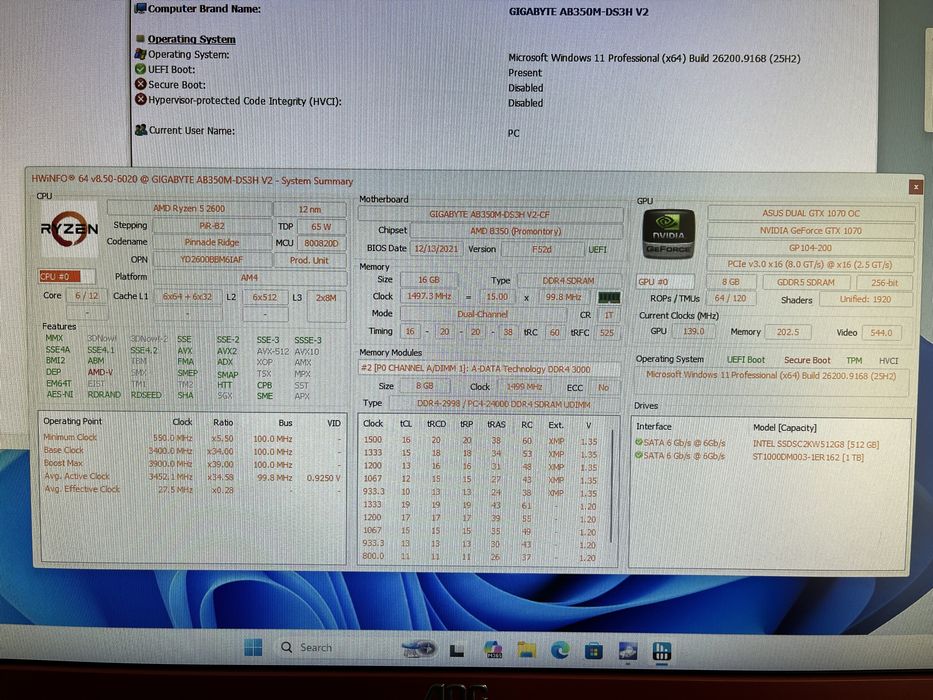 Gaming PC Ryzen 5 / GTX 1070 8GB / 16GB DDR4 / SSD