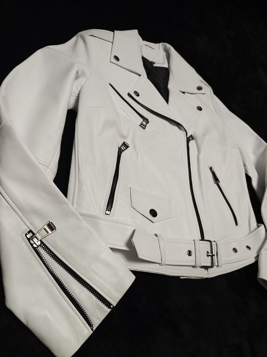 Jacheta, geaca piele naturala, alb, noua