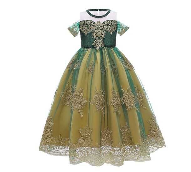 Rochie de ocazie catifea verde si dantela aurie 6-7 ani