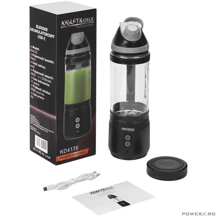 Blender portabil fara fir, capacitate 700 ml, 2500 mAh, cablu de