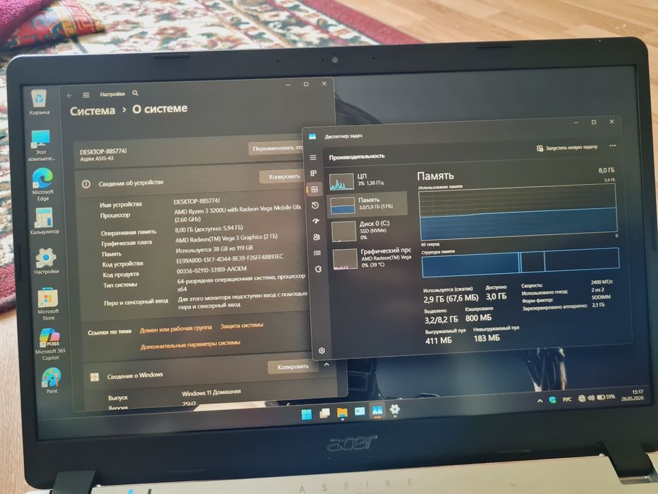 Acer aspire 3 xolati yaxshi 8 ozu