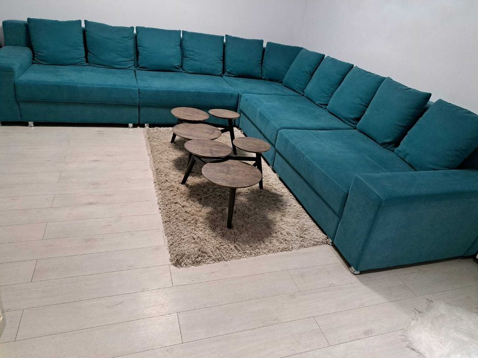 Canapea stofă turcoaz 6 locuri, 350 cm × 350 cm × 120 cm