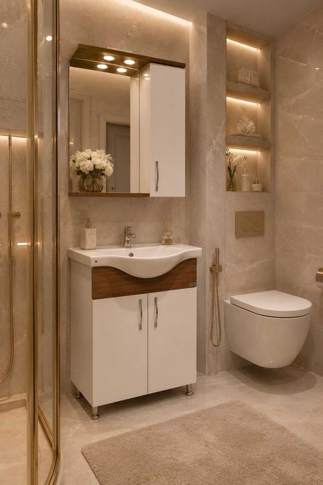 Комплект мебели за баня Petra 55 aiko XXXL, шкаф с мивка и огледало, НОВИ, 3 бр.