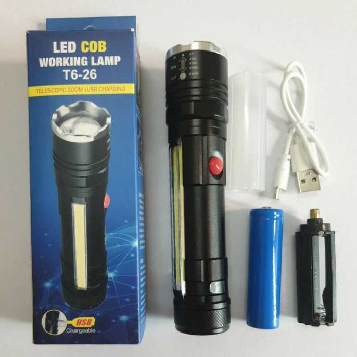 Мощен акумулаторен фенер,работна лампа T6-26,LED+COB диоди,магнит,USB
