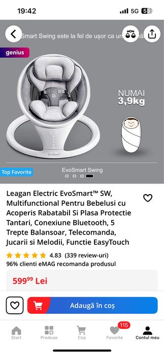 Leagan Electric Multifunctional Pentru Bebelusi cu Acoperis, Rabatabil