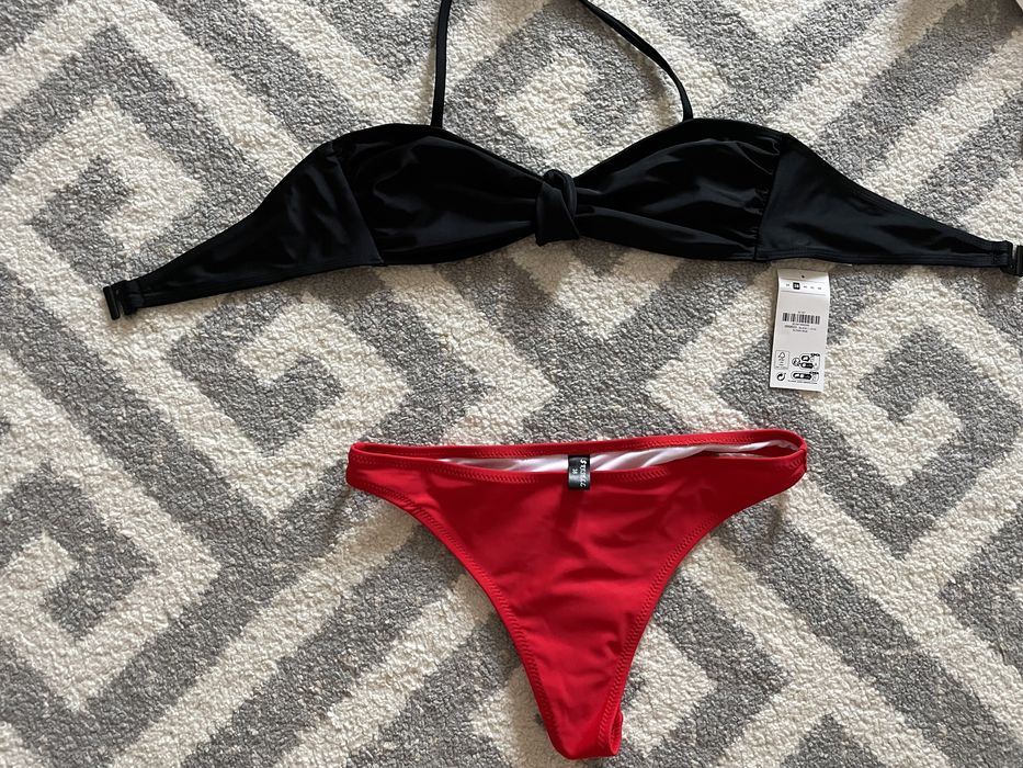 Costum baie slip tanga rosu 38 sau negru 36, sutien negru triunghi 36