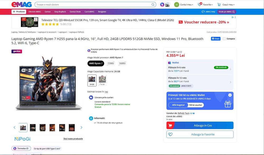 Laptop Gaming cu video AMD Radeon 780M -up 8 giga si 24 gb ram ddr5 nou