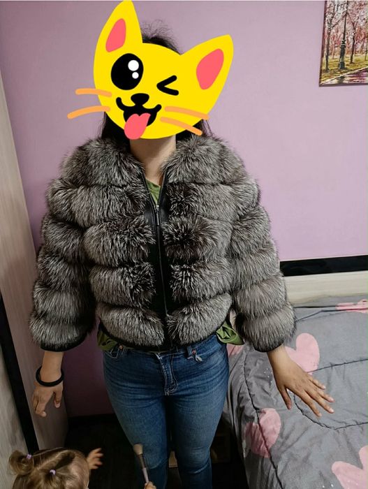 Кожено яке с косъм от сребърна лисица