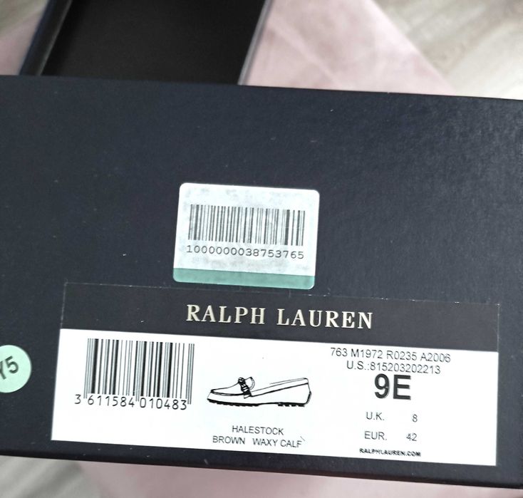 Ralph Lauren Mocasini barbati, din piele de vițel maro cu aspect cerat, nr. 42