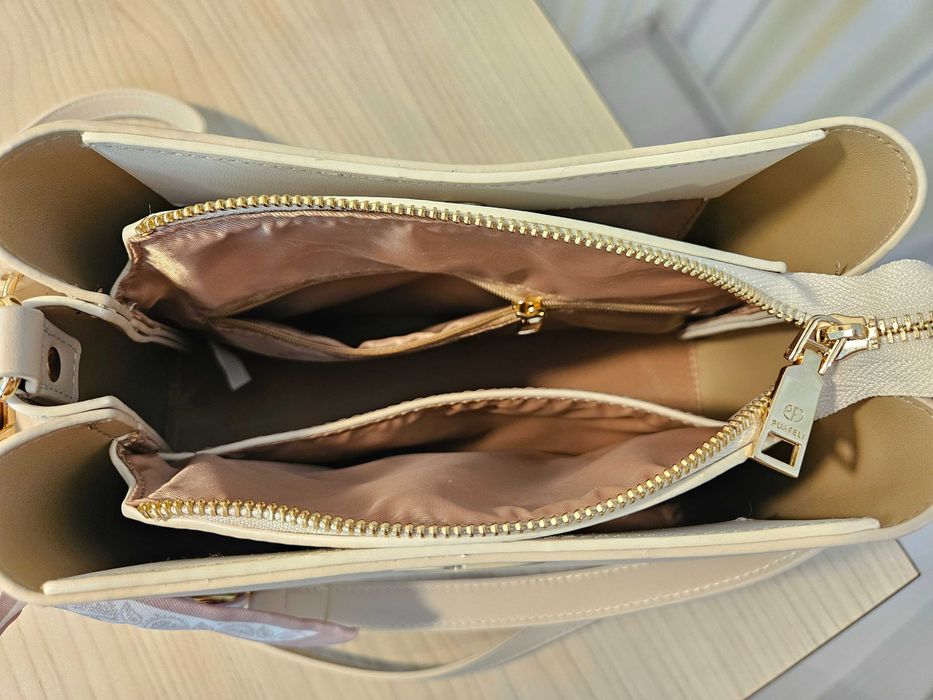 Нова дамска кожена чанта PUAFELI LY94 beige бежово кремаво еко кожа златна раница две дръжки презрамки луксозен модел