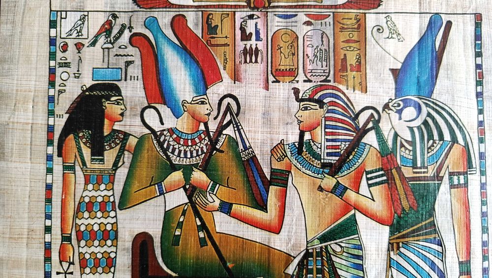 Papirus egiptean autentic — Faraonul în Fața Zeilor Osiris, Isis și Horus - papirus înrămat