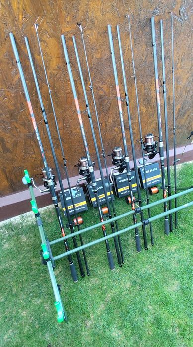 Set Pescuit,4 Lansete Carbon 3,90m,4 Mulinete Wind Blade 8000 Long Cast,13 Rulmenți,Rod Pod Echipat, Fir