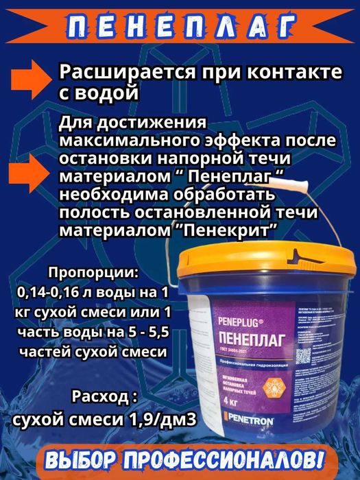 Гидропломба Пенеплаг для остановки напорных течей в бетоне 40 сек 4 кг
