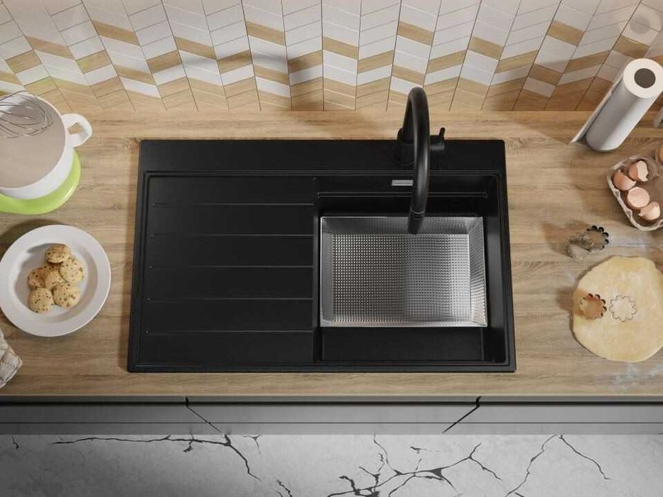 Черна гранитна кухненска мивка Сидни 780-45 Ergo Multilevel 780х500