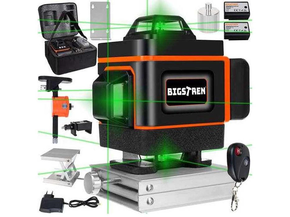 Лазерен линеен нивелир, 4 зелени лъча, 16 линии, 4D, 25 м, BIGSTREN