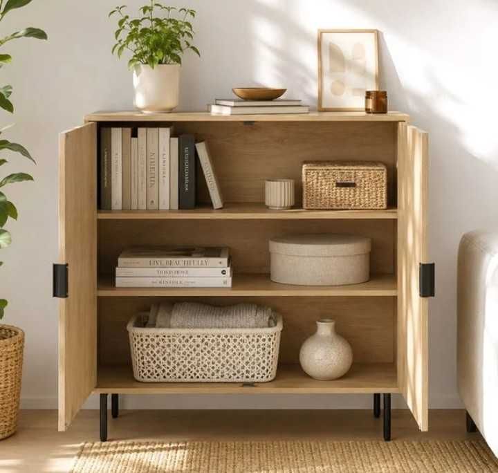Дървен шкаф с 2 рафта и естествен финиш, 80x30x90 см