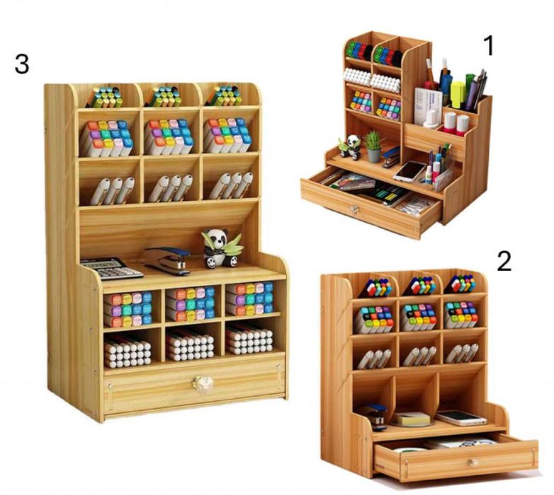 Дървен органайзер за бюро с чекмедже и многосекционно съхранение