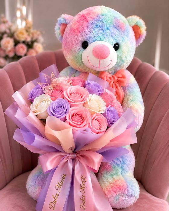 Cadou Premium Ursuleț 60 cm + Buchet Flori de Săpun | Dulce Maria