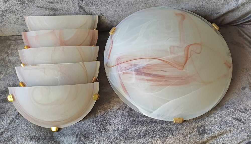 Set: plafoniera tavan+5 aplice perete+becuri, abajururi din sticla