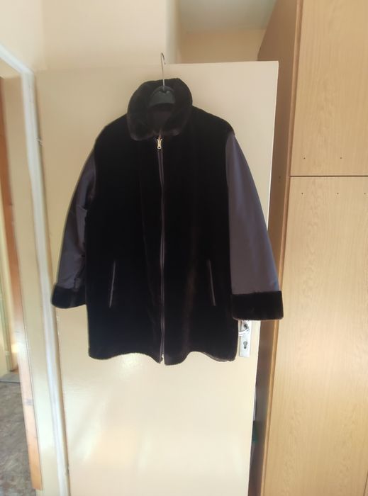 Зимно топло палто в съчетание на еко кожа и плат размер XL