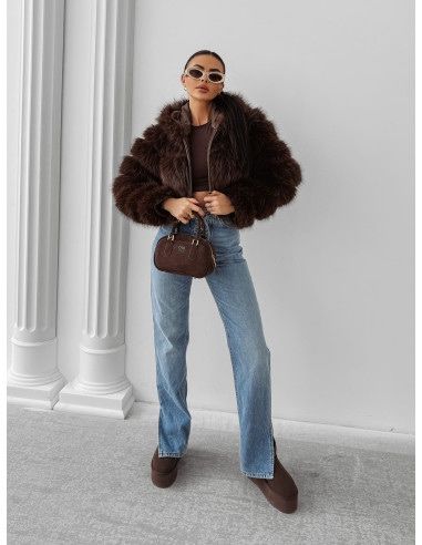 Дамско късо  пухено палто  в кафяво и черно