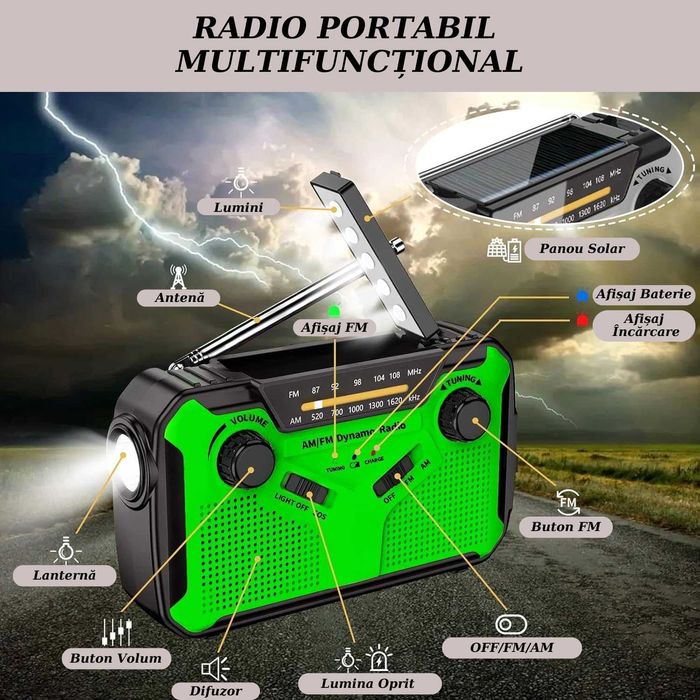 Radio Portabil Camping, cu Incarcare Solara, Baterie 4000 mAh