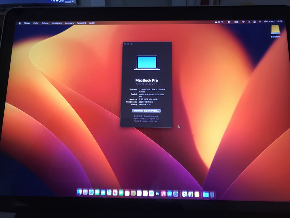 Macbook pro 2015 ecran retina i5 8 g cu 128