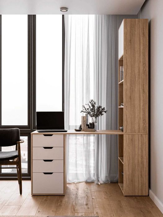 Компьютерный стол со стеллажом 138×50×202 см Белый Дуб Сонома